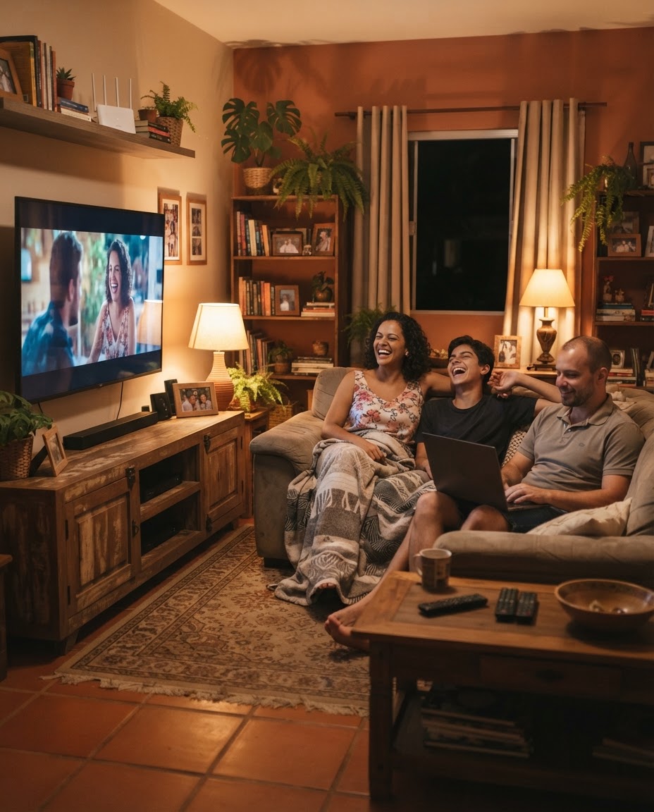 Família usando a internet fibra da Veloz Net